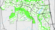 2016 map of The Woodlands showing open space such as green space, lakes, and ponds