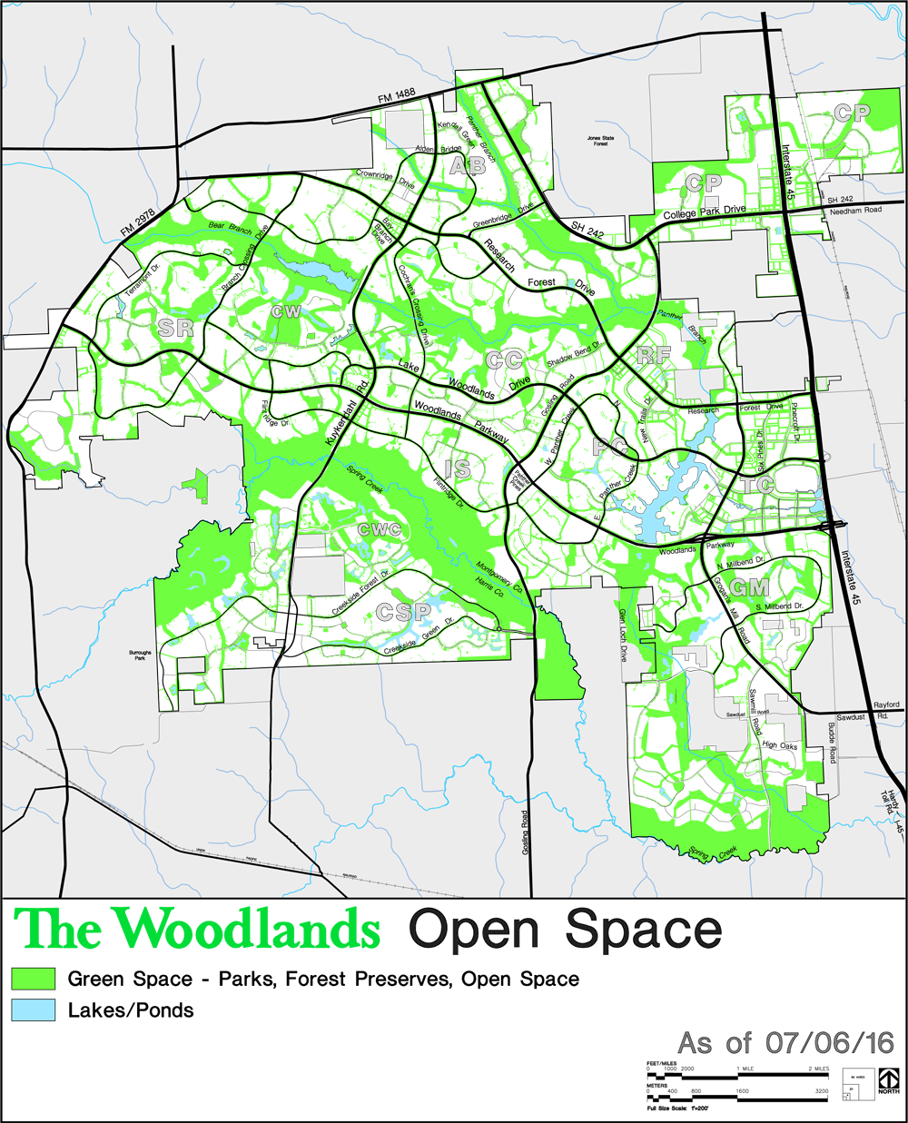 2016 map of The Woodlands showing open space such as green space, lakes, and ponds